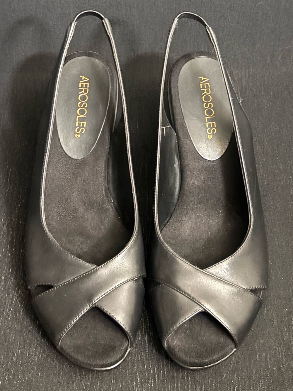 Aerosoles Black Leather Slingback Peep Toe Platform Comfort Heels Women’s 8.5 - Picture 3 of 10